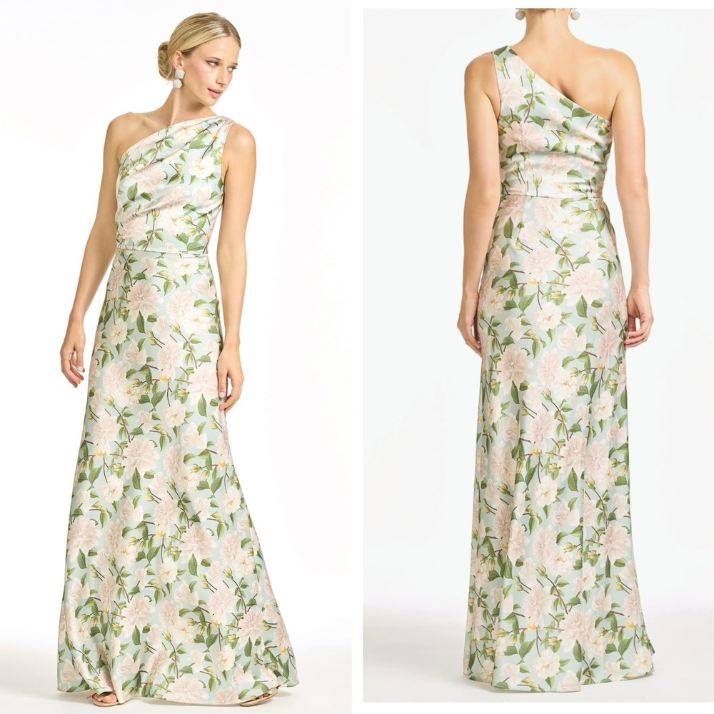 Sachin & Babi Delphine Floral Print One-Shoulder Gown Green Pink Size US 8 - NEW